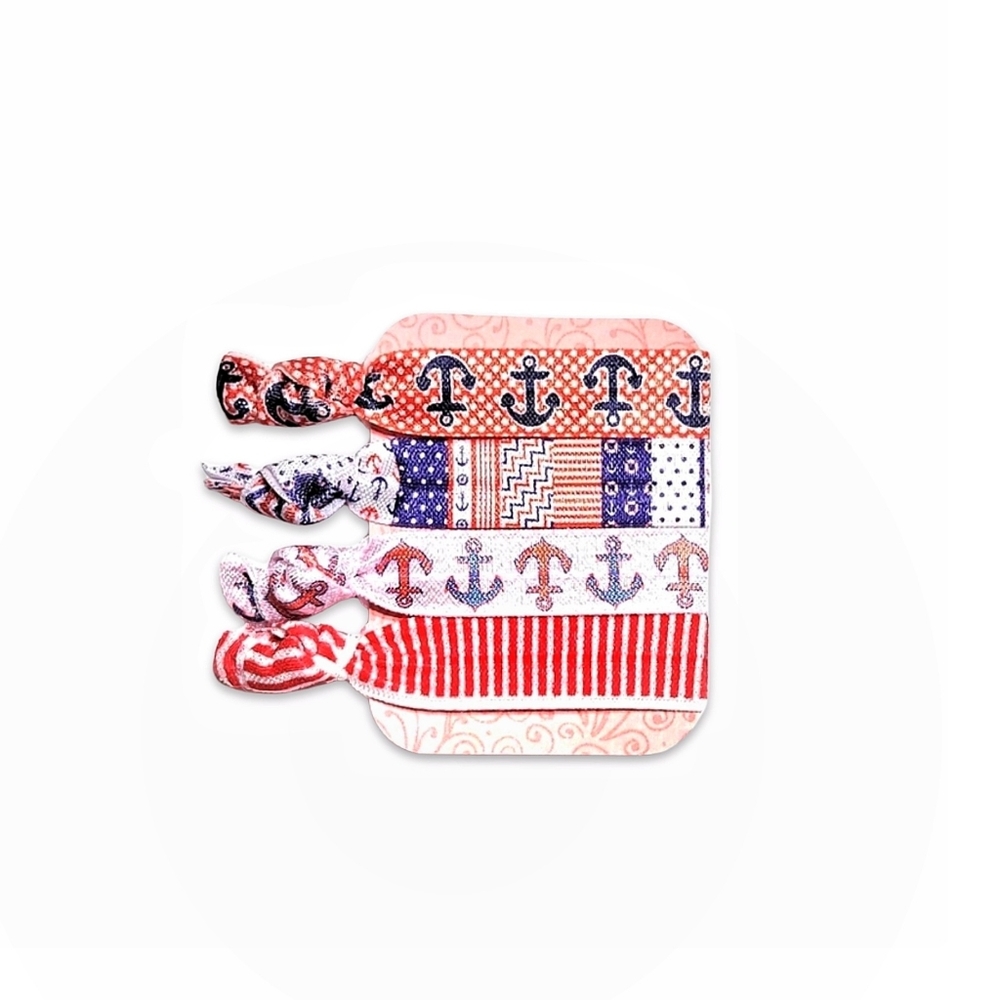 Anchor Print Red White & Blue Creaseless Handmade FOE Elastic Hair Ties 4-Pack